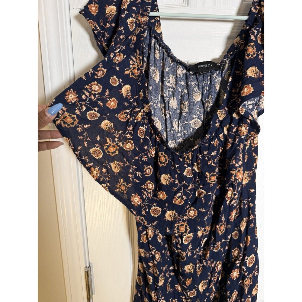 Forever 21+ Plus Size 2X Navy Floral Off Shoulder Ruffle High Low Dress Boho - Picture 4 of 12
